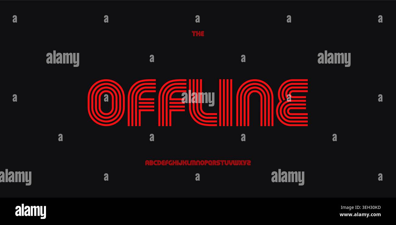 Gestreifte Schriftart für Offline-Streaming-Poster für bearbeitbare Titel, Übertragungen, Videokanäle und Erstellung von Gaming-Inhalten. Modernes Logo In Linearer Schriftart Stock Vektor