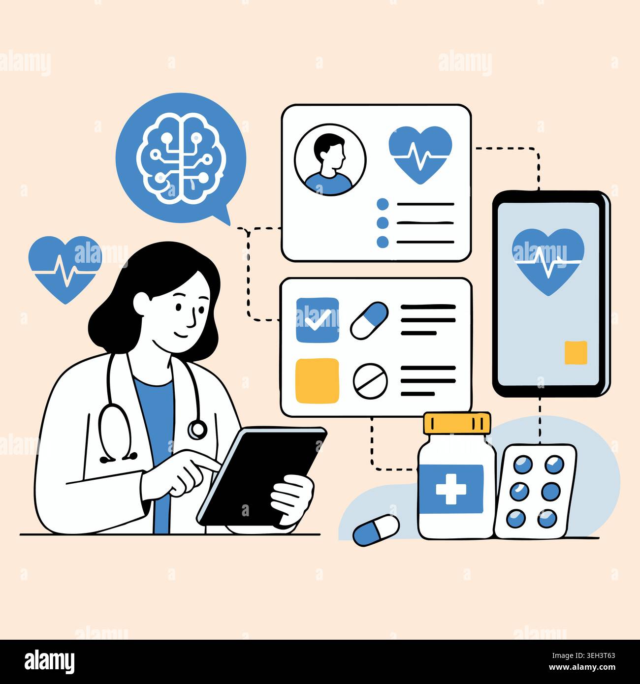 Weiblicher Doktor, der digitale Tablet-Computer hält, der medizinische Aufzeichnungen betrachtet Gehirn Herz Gesundheit Schnittstellendiagramme Linie Vektor-Illustration Stock Vektor