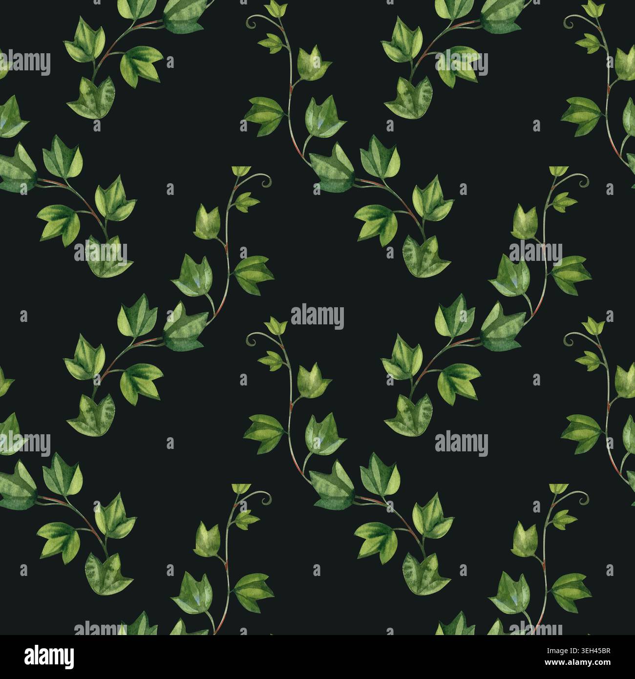 Nahtloses Aquarellmuster mit grünen Efeuzweigen und Kletterblättern, handgezeichnetes botanisches Ornament für Winterfestdekoration, elegantes Textil Stockfoto