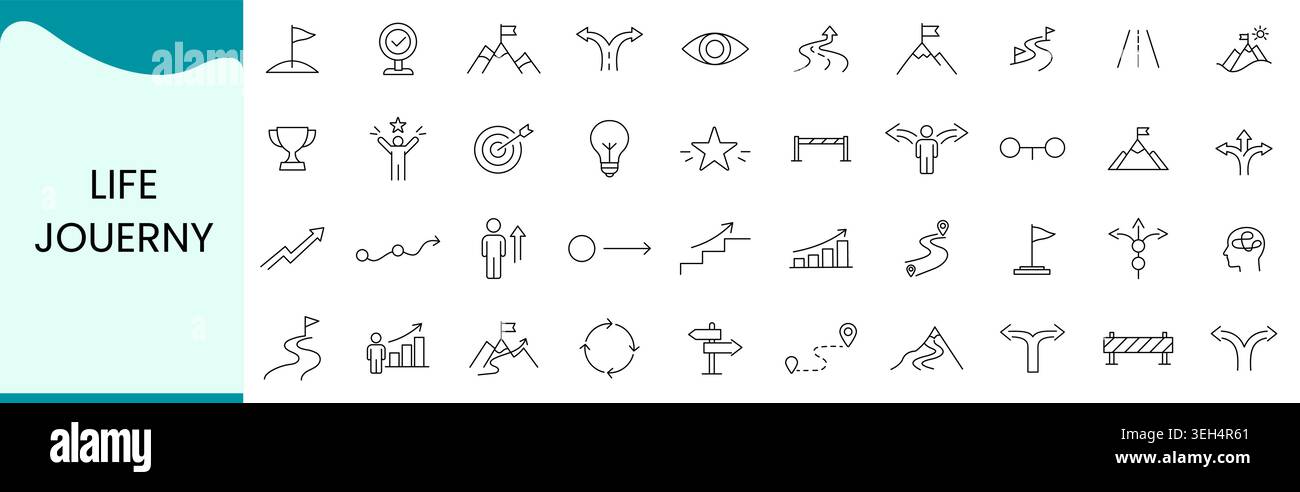 Symbolsatz für den Lebensweg, Meilensteine für persönliches Wachstum und Liniensymbole für die Selbstentwicklung für Motivation, Karrierefortschritt und Zielerreichung Stock Vektor