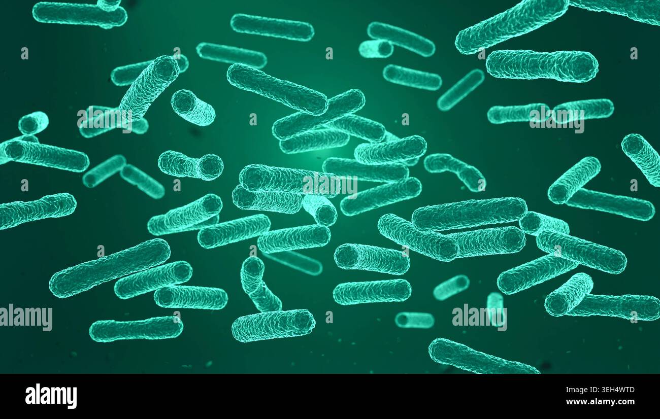 Grün fluoreszierende Bakterien oder Viren unter dem Mikroskop. Grün fluoreszierende Bakterien oder Viren unter dem Mikroskop. Pathogene, bakterielle Infektion, mikroskopische Darstellung, Mikrobiologie, Krankheit, ansteckend. Modell, 3D-Illustration science031s01_Bacterium Stockfoto