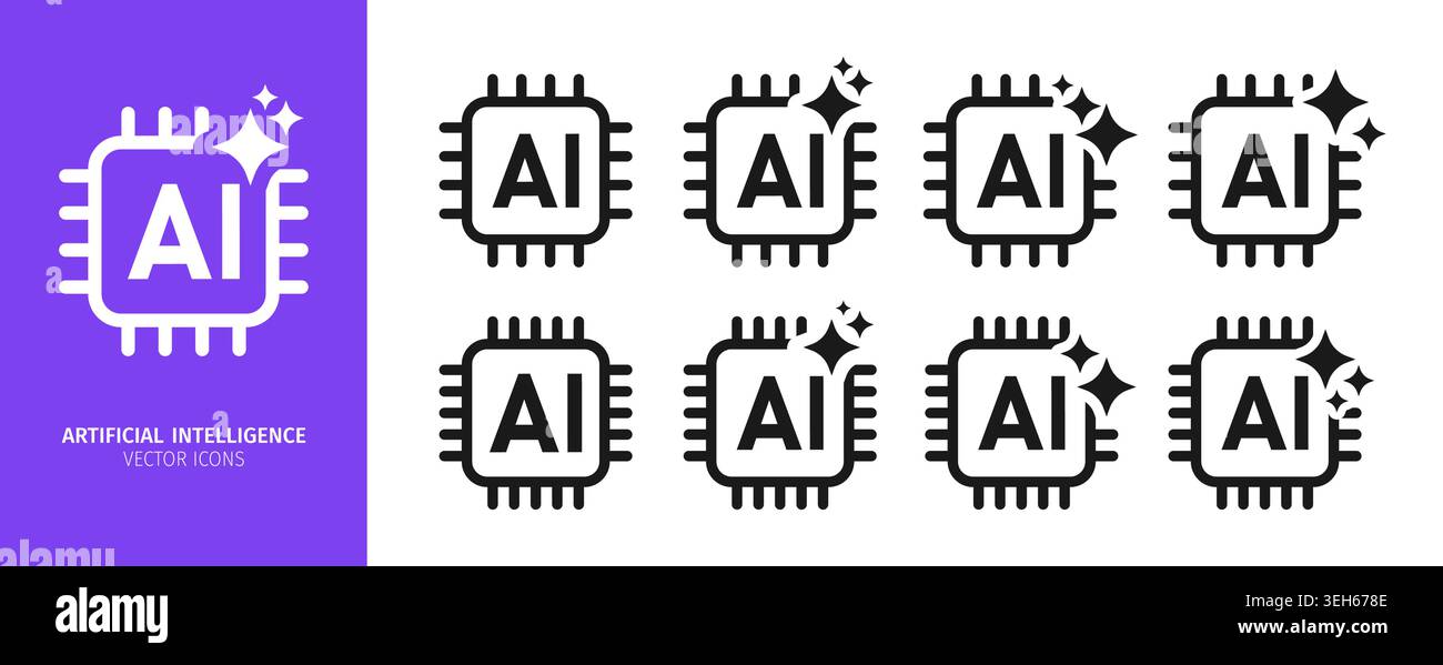 Künstliche Intelligenz KI Prozessor Chip-Vektor-Symbol-Symbol funkeln Set. Künstliche Intelligenz Systemsymbole mit Sternrahmen magische Glitzereffekte Starburst Zeichen Vektordesign Stock Vektor