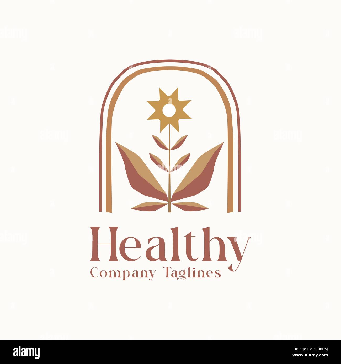 Elegantes Gesundheitslogo im Boho-Stil mit floralem Symbol und Erdtönen, das natürliche Wellness, Balance und Bio-Lifestyle-Branding vermittelt. Stock Vektor