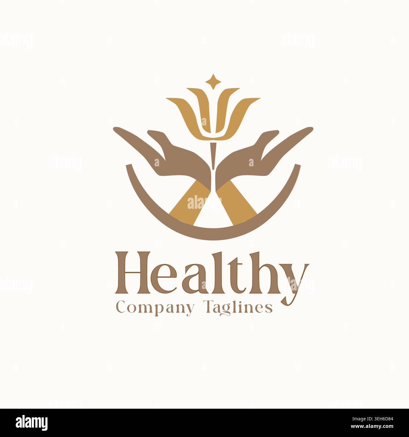 Goldene Blume mit liebevollen Händen und Stern, symbolisiert Wellness, Schutz, Harmonie und natürliche Gesundheit Branding Stock Vektor