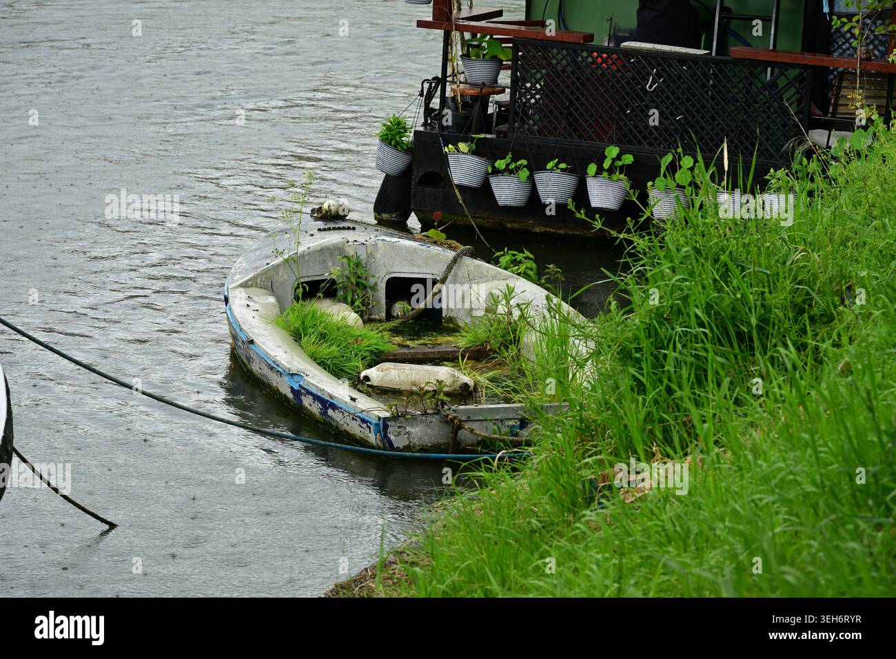 Verlassenes Flussboot mit Gras neben dem schwimmenden Gartendock Stockfoto