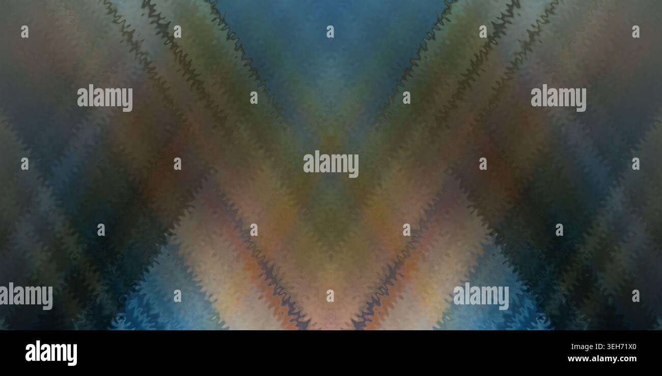 Ein lebendiger abstrakter digitaler Hintergrund mit symmetrischer V-förmiger Zick-Zack-Textur, der Blau-, Orange- und Brauntöne in einem modernen künstlerischen styl vereint Stockfoto