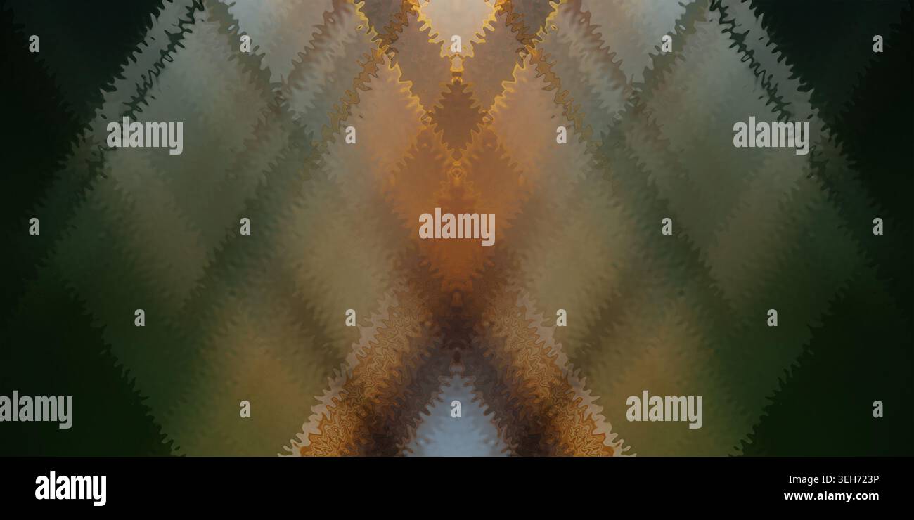 Ein digitaler abstrakter Hintergrund mit symmetrischem Chevron-Muster mit strukturiertem, welligem Effekt, der warmes goldenes Licht mit tiefgrünen Schatten verbindet Stockfoto