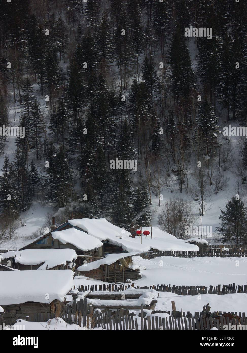 Snow Village Blockhütten in der Winterszene des Evergreen Forest Stockfoto