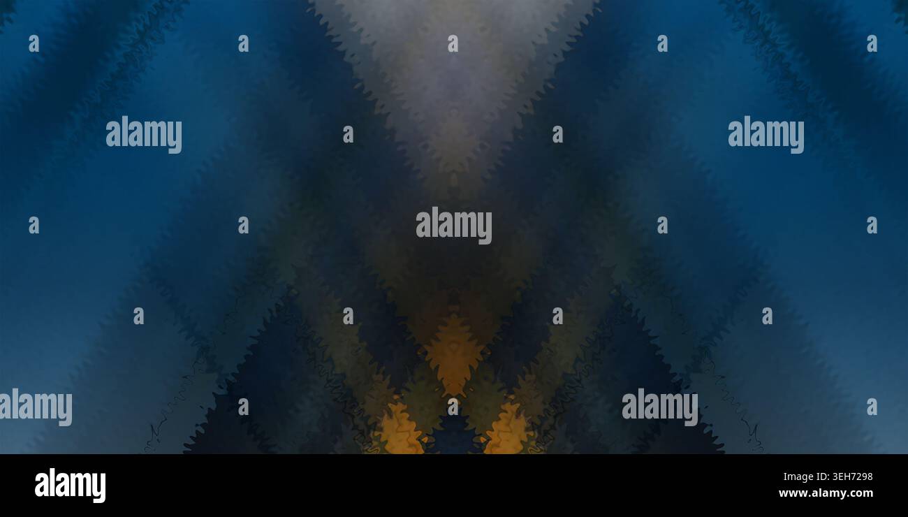 Ein digital manipulierter abstrakter Hintergrund mit symmetrischen diagonalen Wellenmustern in tiefem Blau, Dunkelgrau und warmem Orange. Stockfoto