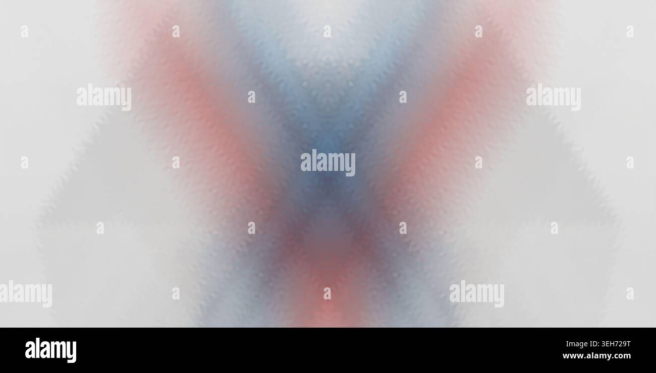 Ein klarer, minimalistischer abstrakter Hintergrund mit einem symmetrischen X-förmigen Muster mit weichen, gemischten Verläufen von Blau und gedämpftem Rot auf einem hellgrauen Ba Stockfoto