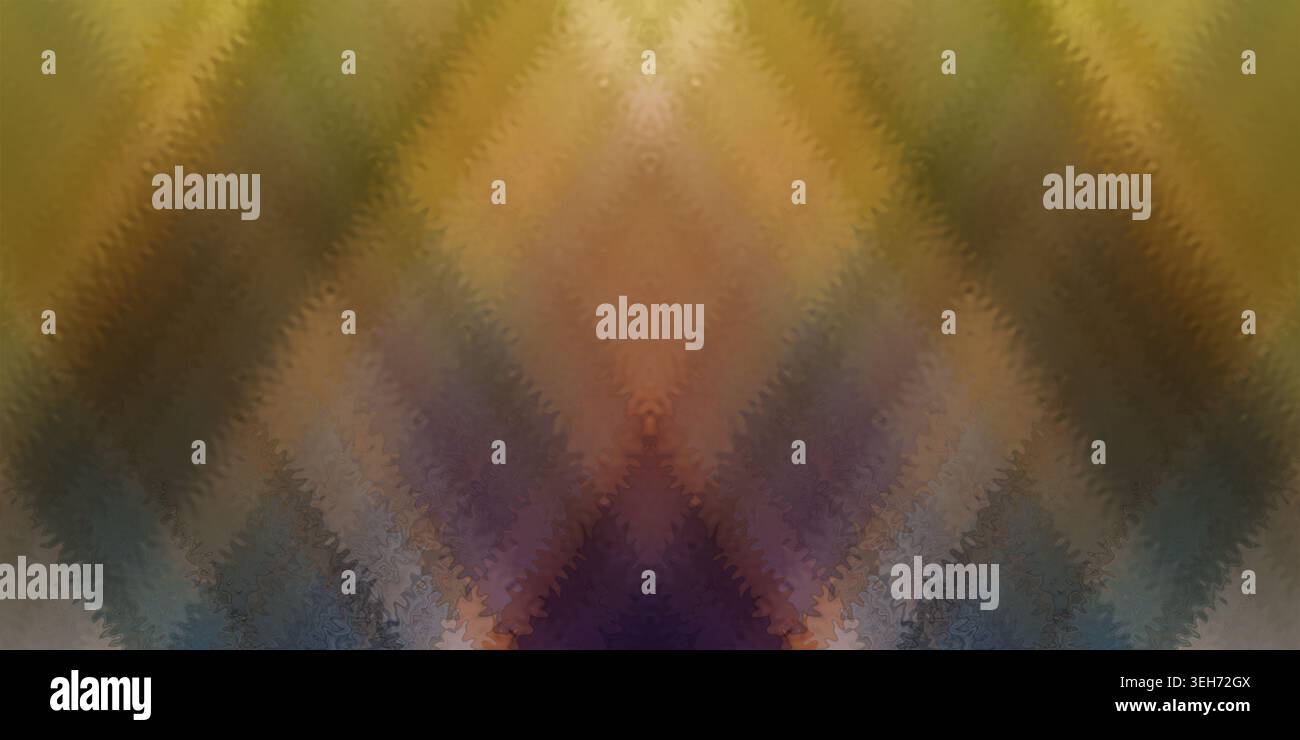 Ein lebendiger abstrakter Hintergrund mit einem symmetrischen Chevron-Muster, das warme Gold-, Orange- und tiefviolette Töne mit einer welligen, strukturierten Ästhetik verbindet. Stockfoto