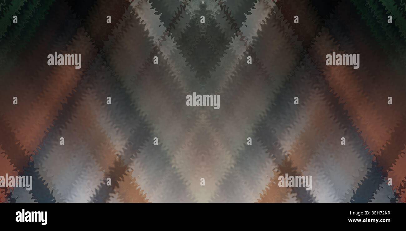 Ein abstrakter digitaler Kunsthintergrund mit einer symmetrischen Komposition aus sich kreuzenden Zickzacklinien und Diamantformen in gedämpftem Grau und Erdbraun Stockfoto