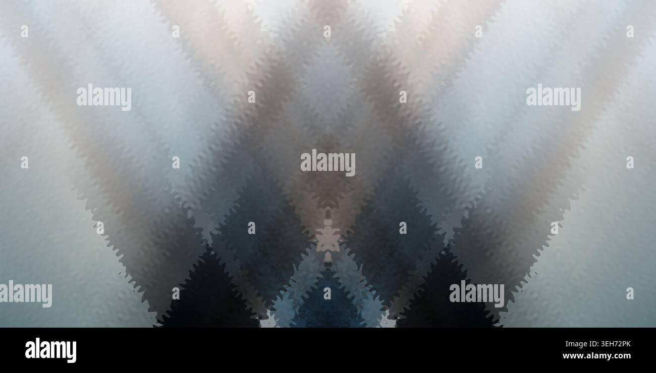 Eine symmetrische abstrakte digitale Komposition mit sich kreuzenden zerklüfteten Linien und geometrischen Formen in Grau-, weiß- und dunklen Chaktönen Stockfoto