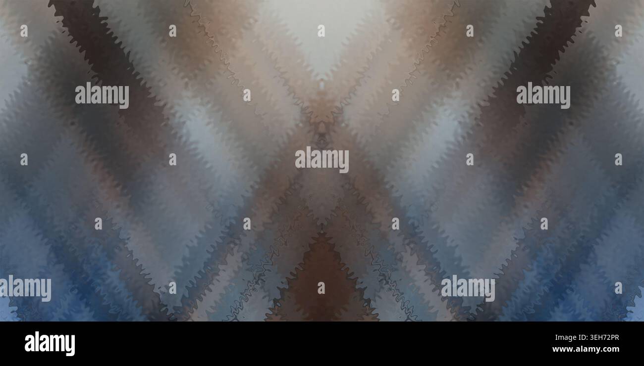Ein symmetrischer abstrakter Hintergrund mit einem weichen, welligen geometrischen Muster mit gemischten Verläufen in kühlen Blau-, Grau- und Dunkelbrauntönen. Stockfoto
