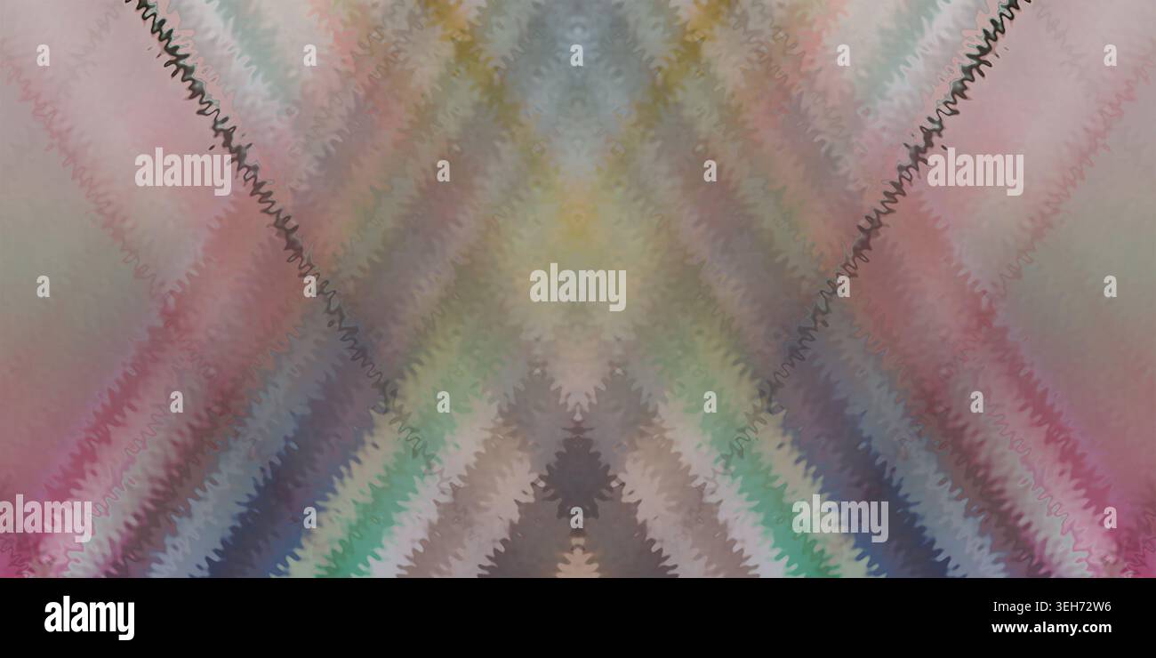 Ein digitaler abstrakter Hintergrund mit einem symmetrischen geometrischen Muster mit weichen Pastellfarben, sich kreuzenden zerklüfteten Linien und einem unscharfen, traumhaften Effekt Stockfoto