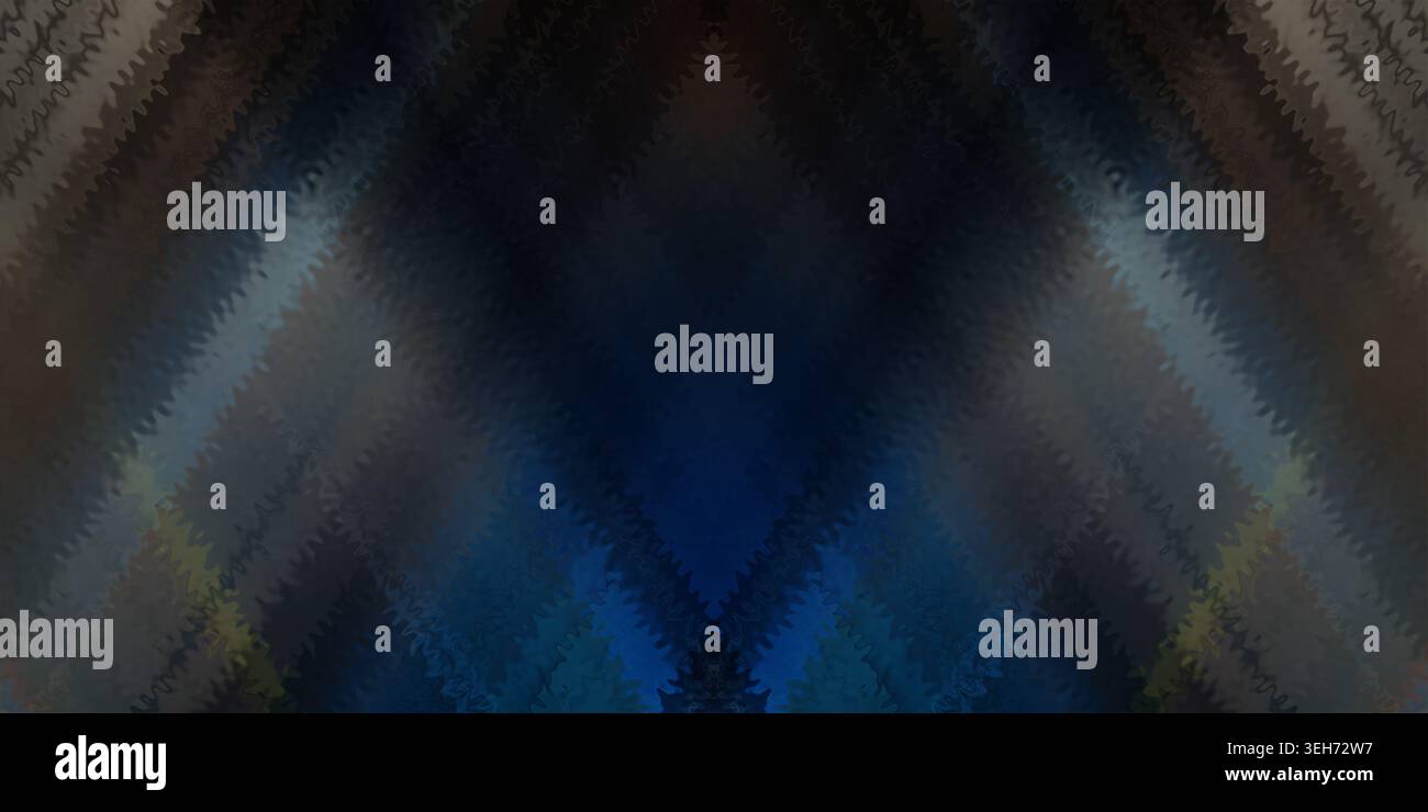 Ein abstrakter dunkler Hintergrund mit gezackten geometrischen Lichtmustern mit blauen und gelben Akzenten, die einen strukturierten und atmosphärischen visuellen Effekt erzeugen. Stockfoto