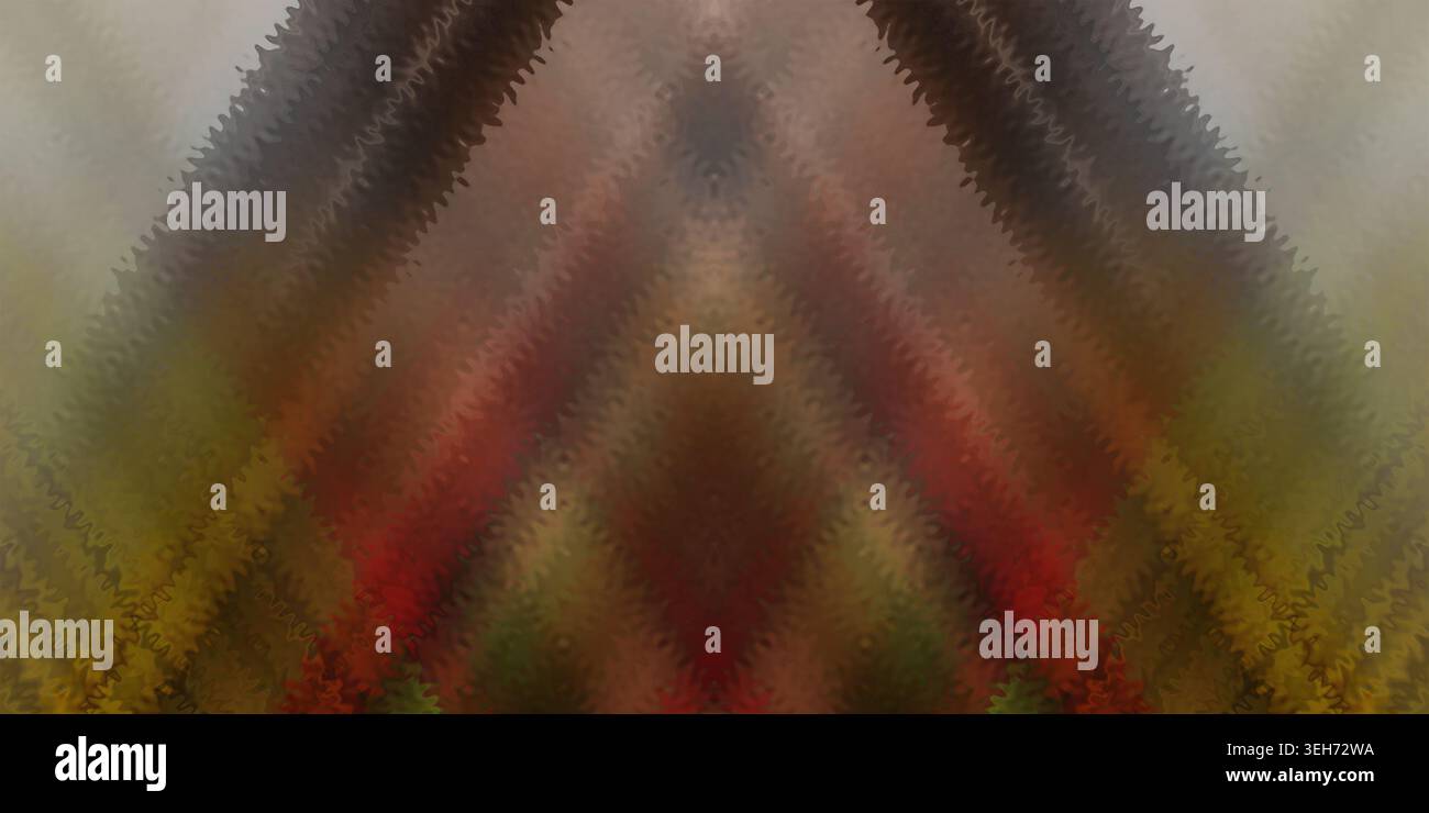 Eine abstrakte digitale Grafik mit symmetrischem Chevron-Design in warmen Erdfarben, darunter Rot, Braun und Olivgrün mit strukturiertem Effekt Stockfoto
