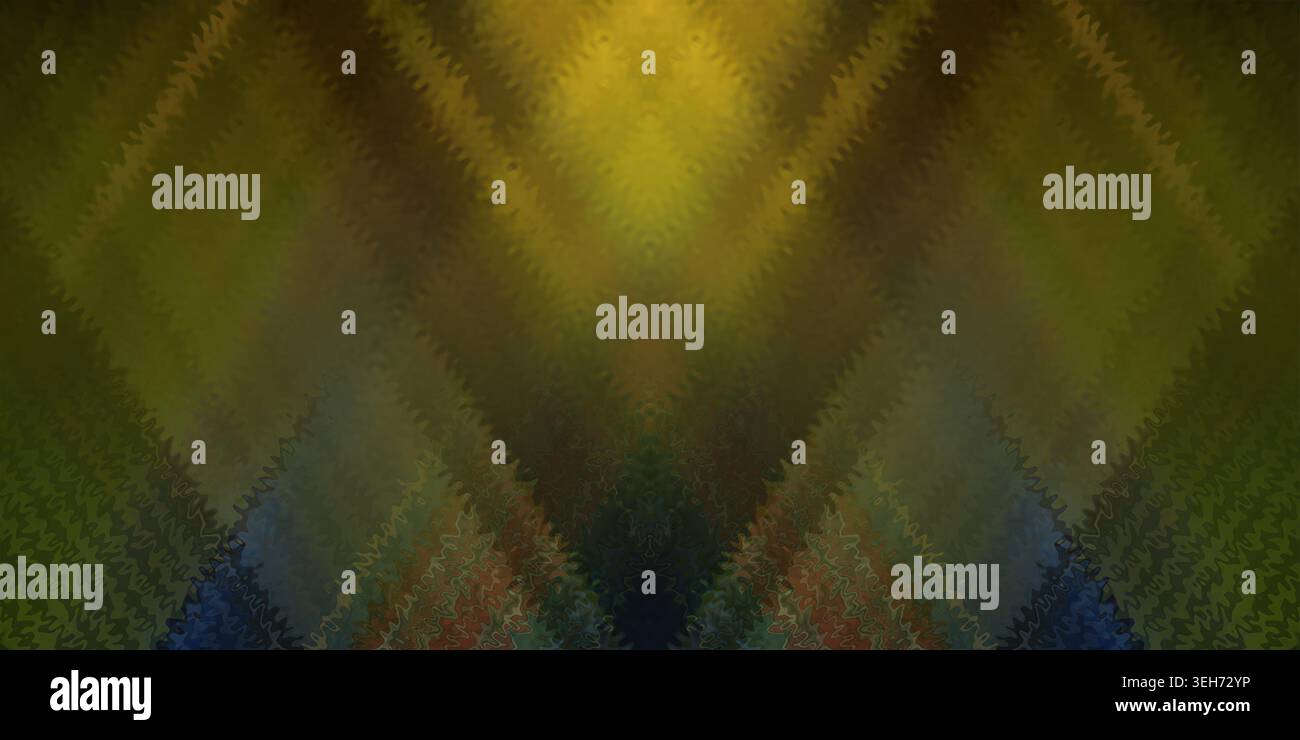 Ein lebendiger abstrakter Hintergrund, der Grüntöne, Gelb und dunkle Töne kombiniert, mit einer ausgeprägten Zickzack-Textur, die in einem symmetrischen Muster angeordnet ist. Stockfoto