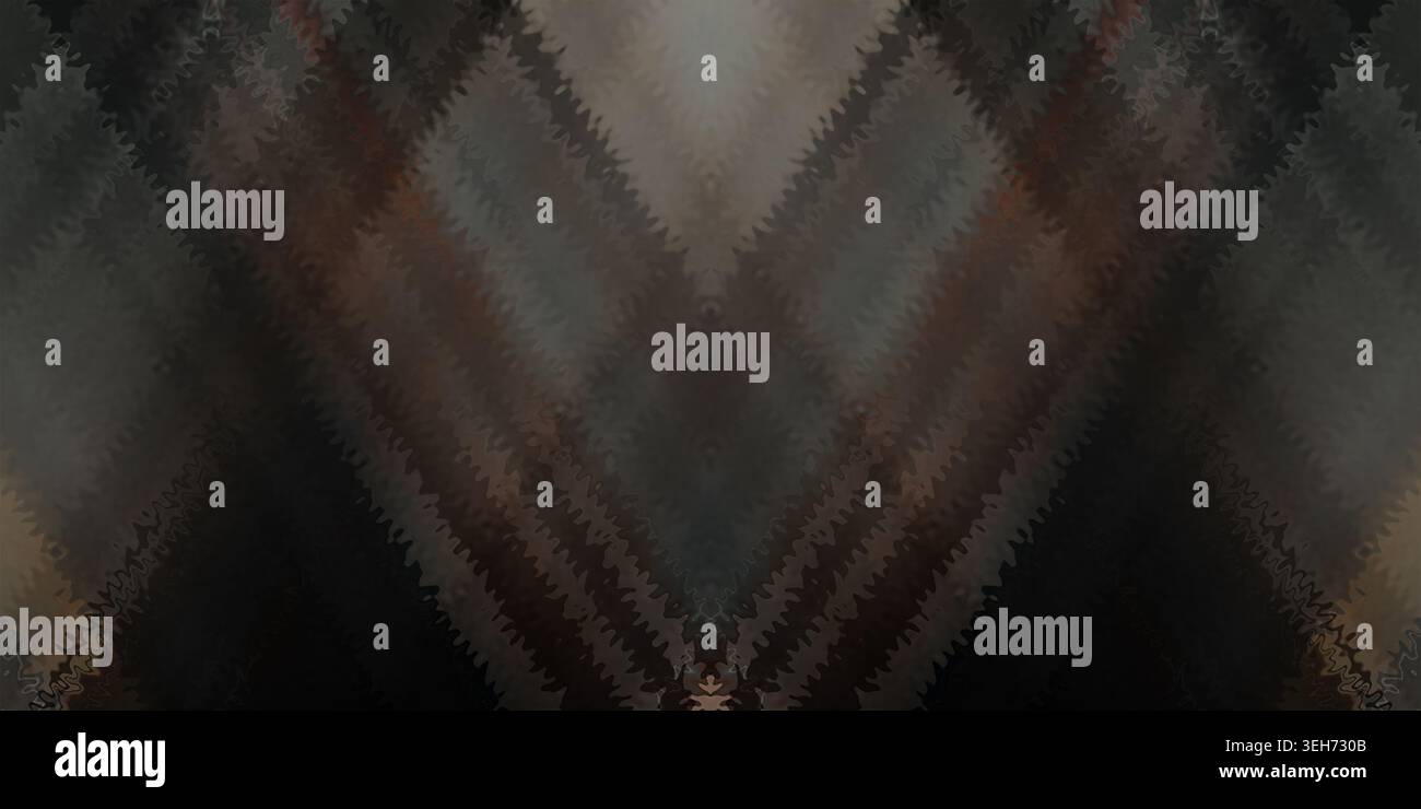 Ein symmetrisches abstraktes Design mit einem V-förmigen geometrischen Muster mit strukturierten, gezackten Kanten und dunklen, erdigen Braun- und Grautönen. Stockfoto