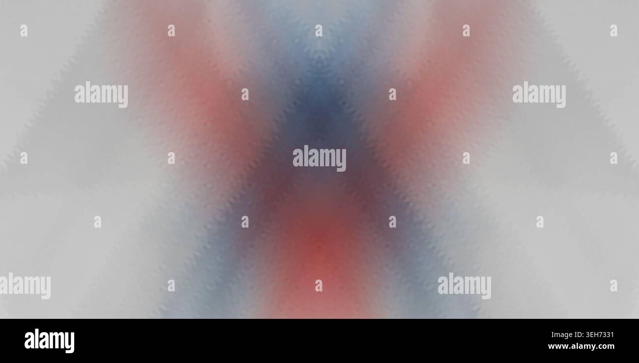 Ein abstraktes digitales Kunstwerk mit einer symmetrischen Komposition mit weichen, verschwommenen Verläufen von Rot und Blau, die zu einem neutralen grauen Hintergrund übergehen. Stockfoto