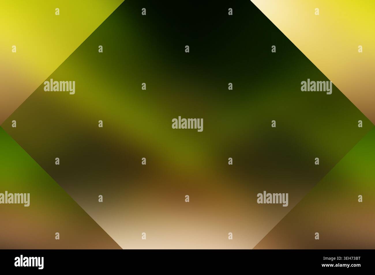 Ein weicher, unscharfer abstrakter Hintergrund mit einem zentralen diamantförmigen Rahmen mit glatten Verläufen in Grün-, Gelb- und Erdbrauntönen. Stockfoto