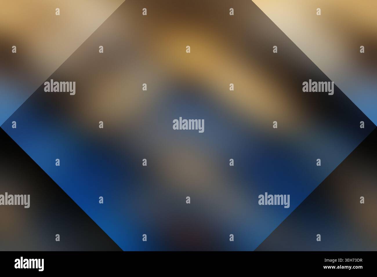Ein moderner abstrakter Hintergrund mit einer markanten zentralen Diamantform mit einem weichen, verschwommenen Farbverlauf zwischen tiefem Blau und warmem Goldton Stockfoto