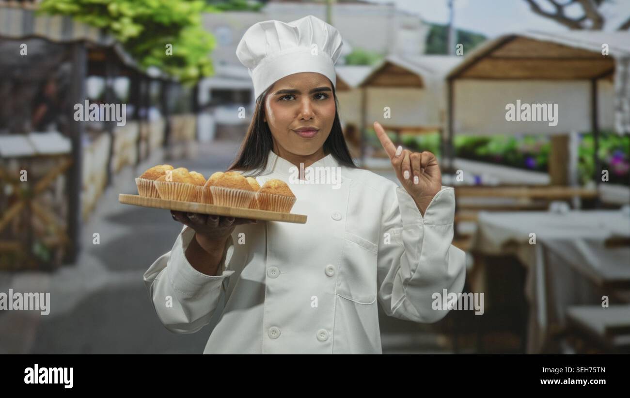Die junge Küchenchefin hält ein Tablett mit Muffins und zeigt mit dem Finger an den Verkaufsständen auf dem Straßenmarkt; Selbstvertrauen stolz auf Handwerkskunst Wärme. Stockfoto