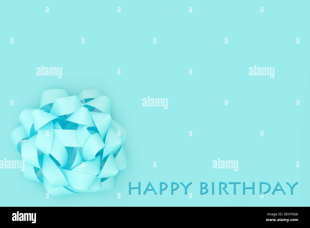 Alles Gute zum Geburtstag blaue Schleife Dekoration für Grußkarte, Geschenkanhänger, auf blauem Hintergrund. Feierliches Konzept mit kurzen Phrasen. Stockfoto