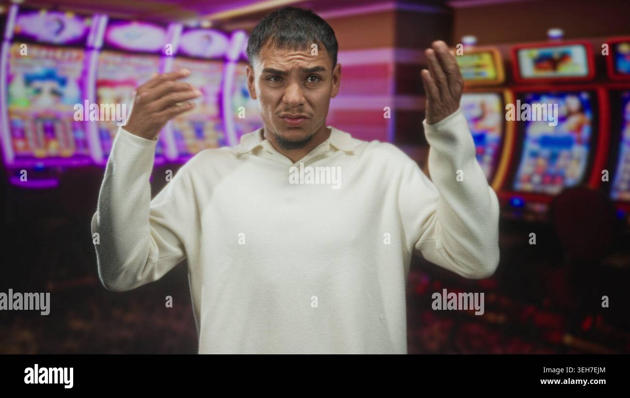 Mann, der die Brust mit der rechten Hand berührt, mit weißem Pullover, vor beleuchteten Spielautomaten in einem Casino stehend, mit einem angespannten Gesichtsausdruck Stockfoto