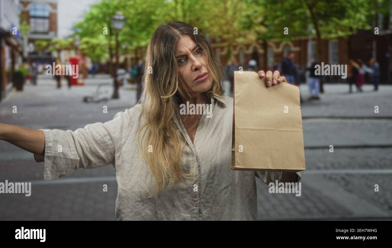 Eine Frau, die eine Papiertüte hält, zeigt den Finger auf einer belebten Straße mit einem angespannten Gesicht und einem ausgedehnten Finger nach vorne; eine durchsetzungsfähige Forderung. Stockfoto