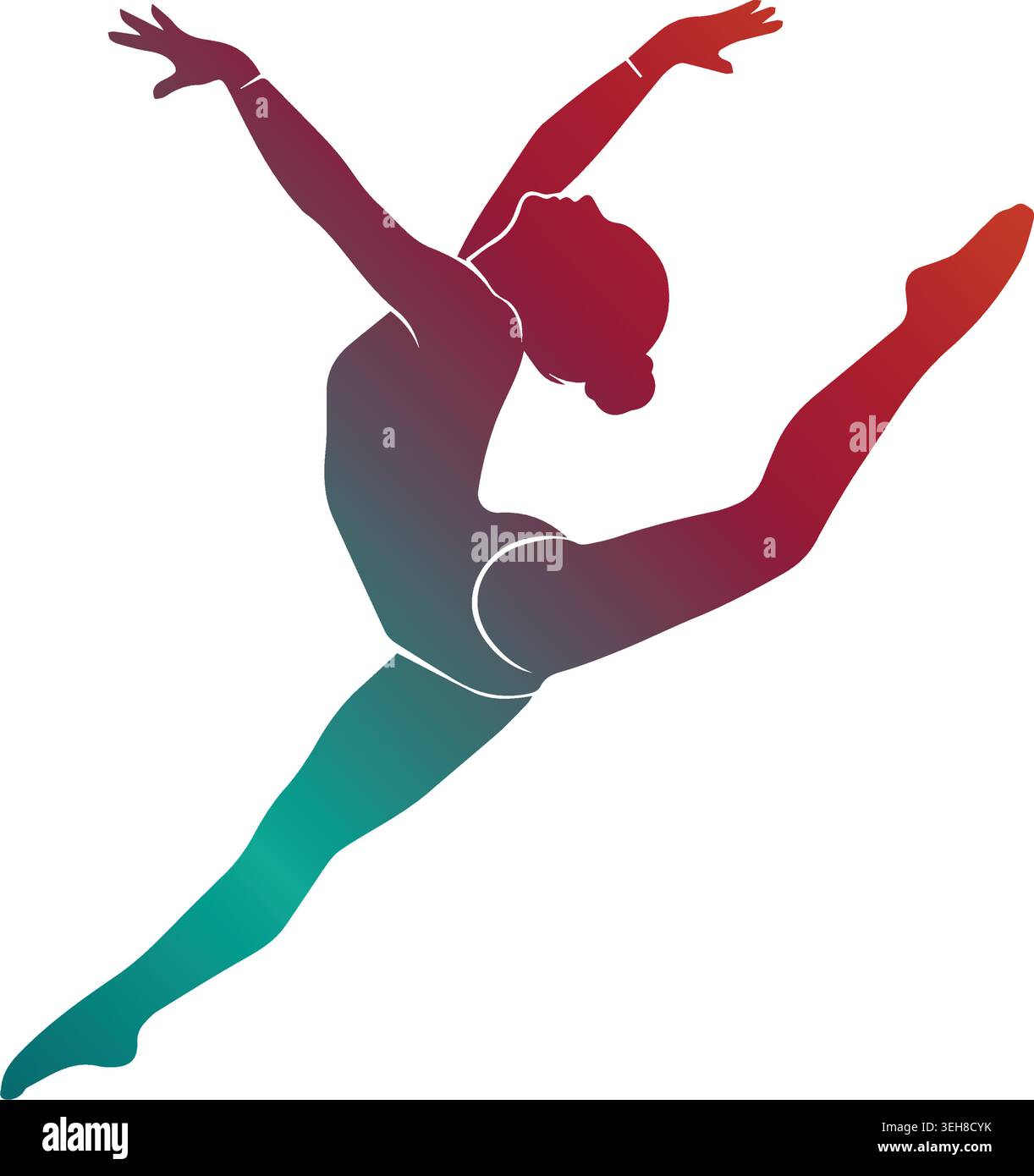 Dynamische rhythmische Turnsilhouette, die einen Spliss-Sprung in der Luft durchführt, mit einem leuchtenden Rot- zu Blaugrün-Farbverlauf, der auf einem weißen Hintergrund isoliert ist Stock Vektor