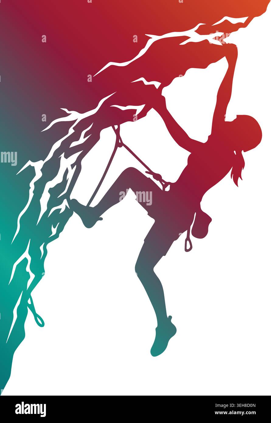 Dynamische Silhouette von Kletterern, die einen steilen Überhang an den Klippen hinaufführt, mit einem leuchtenden Rot- zu Petrol-Farbverlauf, der auf weißem Hintergrund isoliert ist. Stock Vektor
