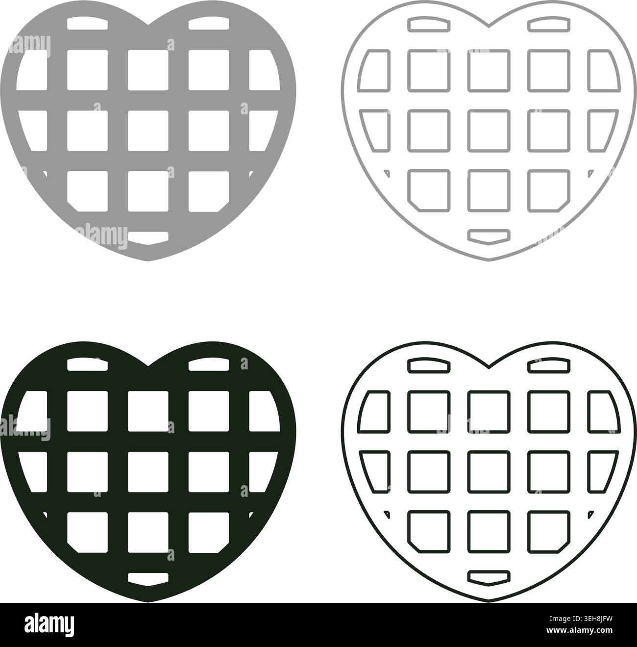 Belgische Waffel Dessert Vorlage Form Herz Set Icon grau schwarz Farbe Vektor Illustration Bild einfache Vollfüllung Umrisslinie dünne flache Art Stock Vektor