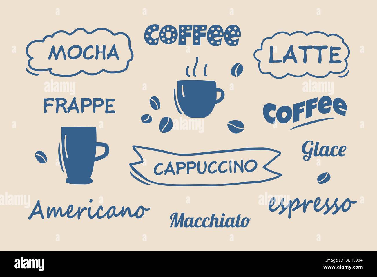 Niedliches Kritzelset mit Kaffeeaufdruck und handgezeichneter Typografie und Tassen Stock Vektor