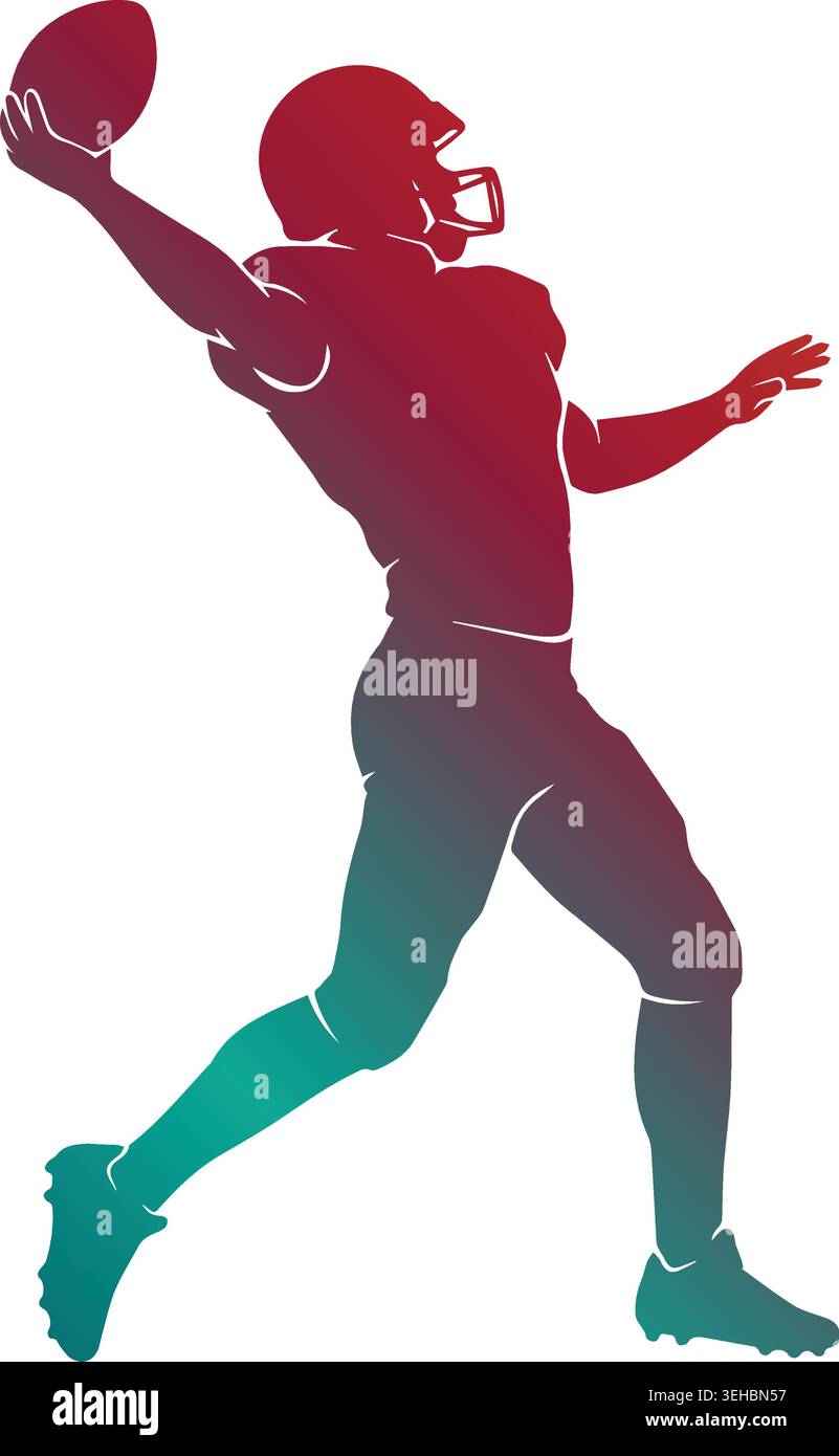 Dynamische Silhouette des American Football-Quarterback-Spielers mit einem leuchtenden Rot- zu Petrol-Farbverlauf auf weißem Hintergrund Stock Vektor