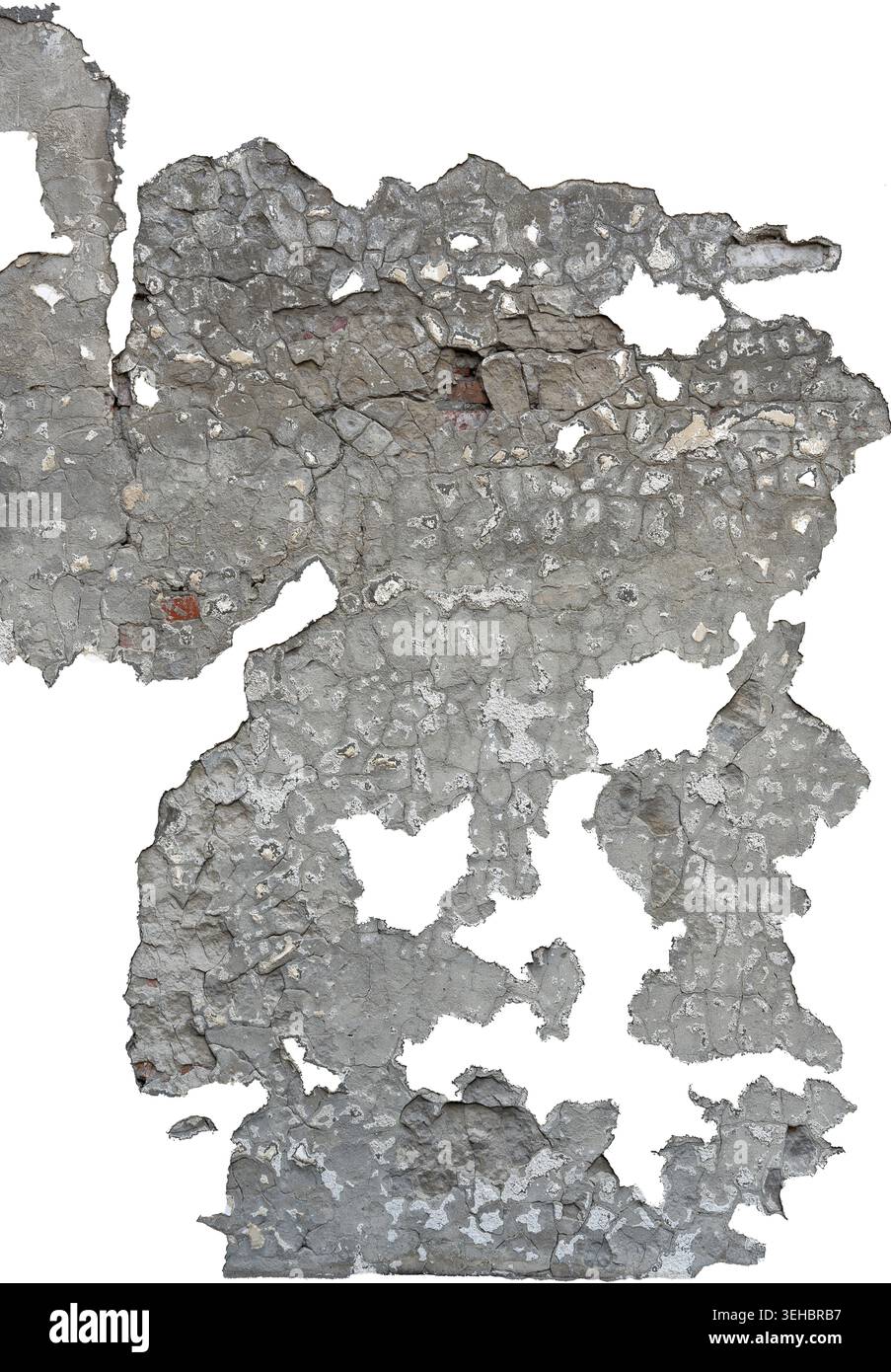 Beschädigte Ziegelwand Texturteil Hintergrund für Text isoliert auf weißem Hintergrund vertikale Ansicht schleifen Stockfoto