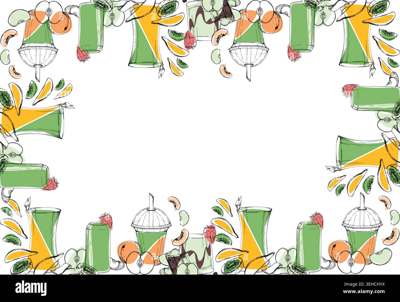 Kiwi, Apfelfrucht, Pfirsich, gemischter Beeren-Smoothie, Matcha-Drinks in grünem und orangenem Rahmen, Schokoakzente. Handgezeichneter Tintenvektor. Entgiftung Stock Vektor