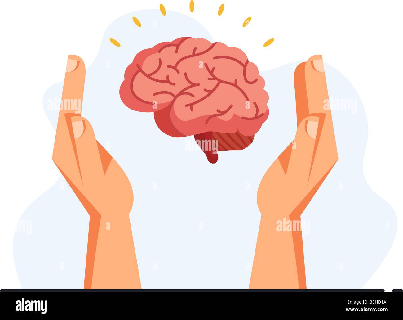 Vektor-Illustration von zwei Händen, die ein Gehirn schützen und geistiges Wohlbefinden, Psychologie und Pflege darstellen. Stock Vektor