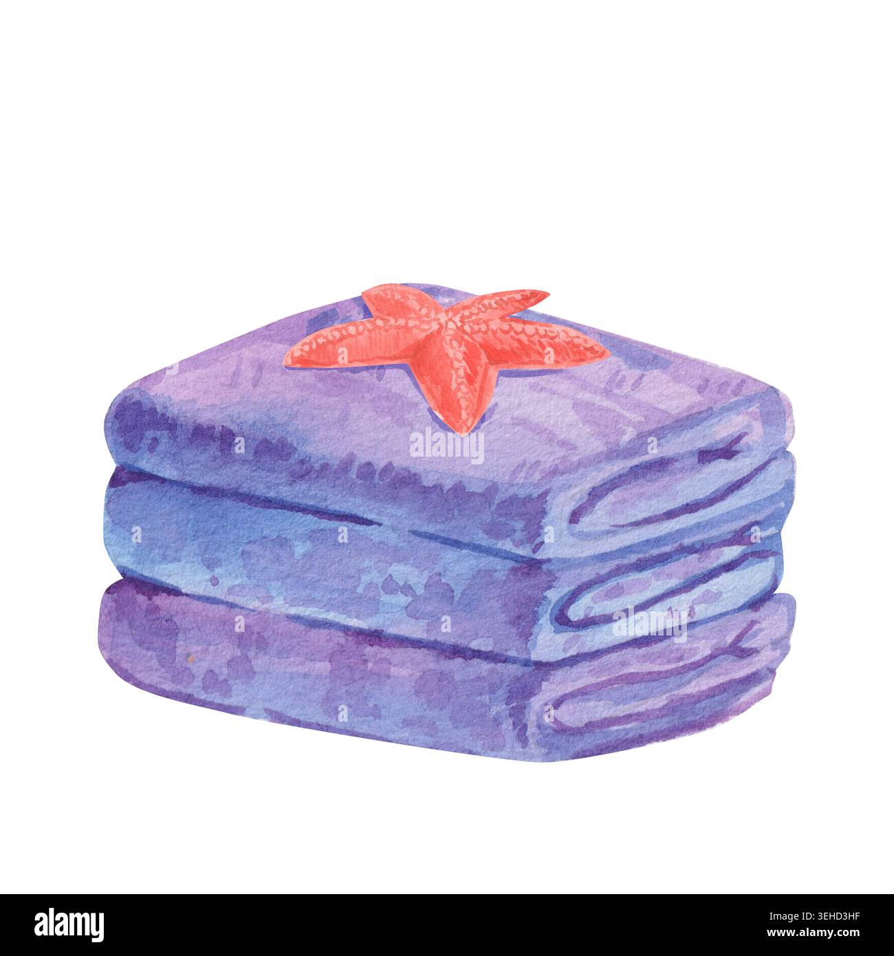 Aquarellillustration von drei gestapelten Handtüchern mit einem Korallenstern oben isoliert auf weißem Hintergrund. Handgemaltes Sommerclipart für Spa-Dekor, Stockfoto
