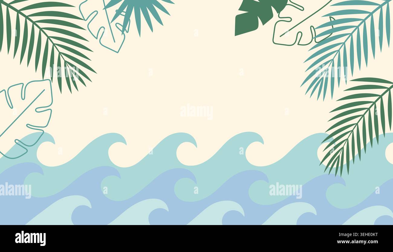 Sommerstrand Hintergrund mit tropischen Palmenblättern und Meereswellen, flacher Lay Stil für Urlaub und Reise Design Stock Vektor