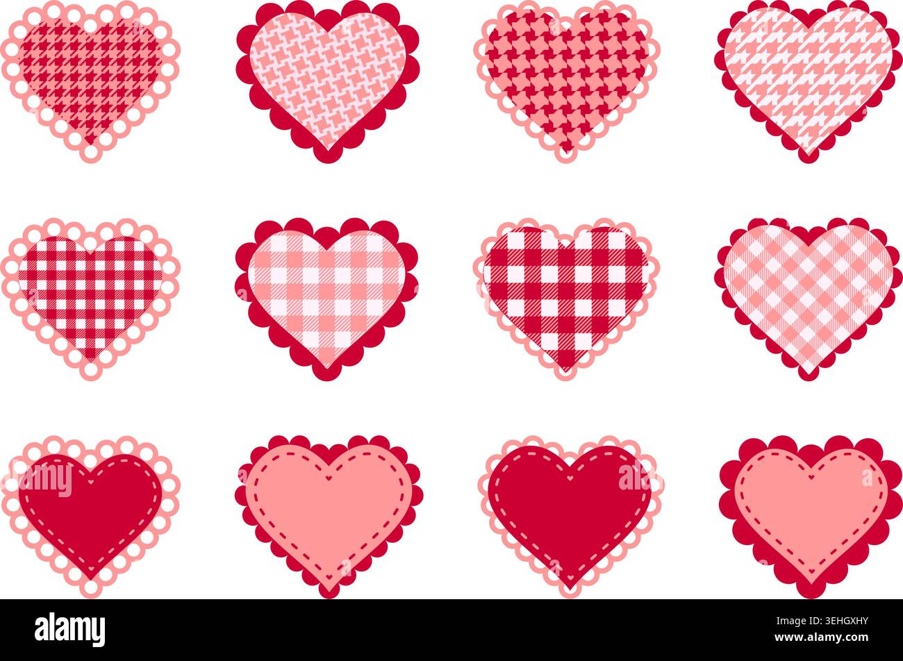 Set aus niedlichen roten und rosa Herzformen aus Papier oder Textil mit kariertem vichy-, Hahnentritt- und pepita-Muster und geschnürten Borten. Vorlagen für Valentinskarten oder Patches. Illustration der Vektorabwicklung. Stock Vektor