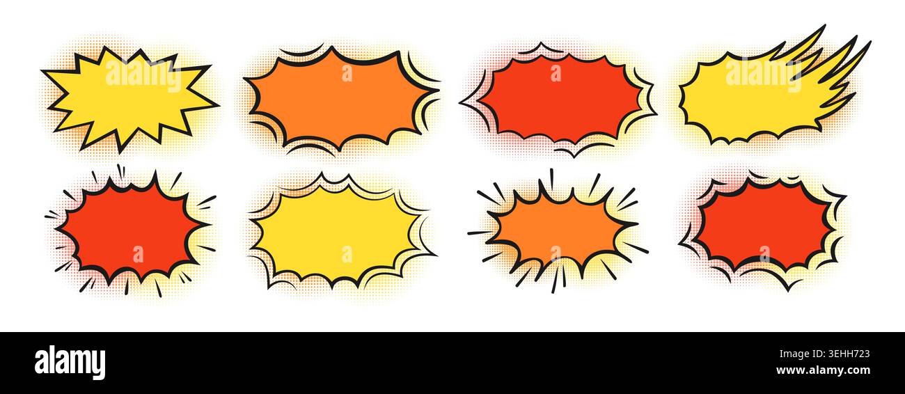 Comic Explosion Sprechblase Set. Comic Bomb Explosion, Boom Bang Effekte, dynamische Burst Rays, Feuerwolke und Doodle Pop Art Puffformen. Vektordarstellung isoliert Stock Vektor