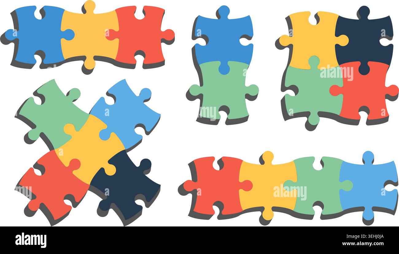 Puzzle Pieces Vorlage. Leere Rahmen für Infografik-Design. Vektorillustration von farbigen ineinandergreifenden Spielteilen auf weißem Hintergrund. Modern Stock Vektor
