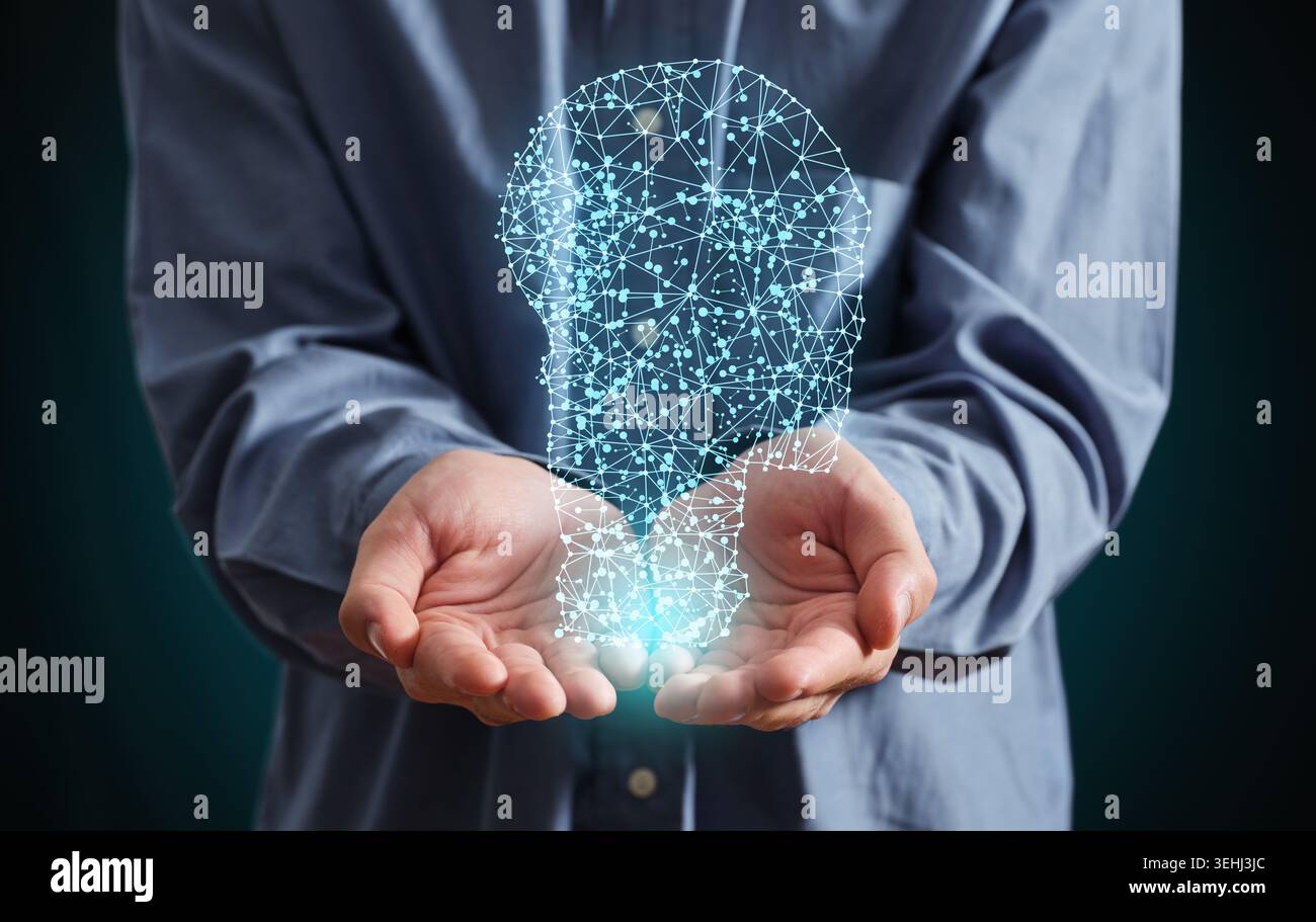 Die Hände einer Person schröpfen eine Glühbirne aus miteinander verbundenen Linien und Punkten, die künstliche Intelligenz, maschinelles Lernen, Innovation A symbolisieren Stockfoto