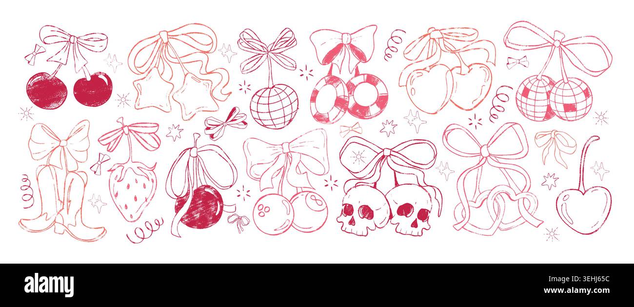Handzeichnung von Buntstift rote Kirschfrucht-Symbole. Kritzelkreide Bleistift Coquette Kirschen mit Schleife, Band, Discokugel, Herzen, Schädel, Cowgirl-Stiefel, Poker-Chips. Skizzieren Sie Spielelemente mit Grunge-Textur Stock Vektor