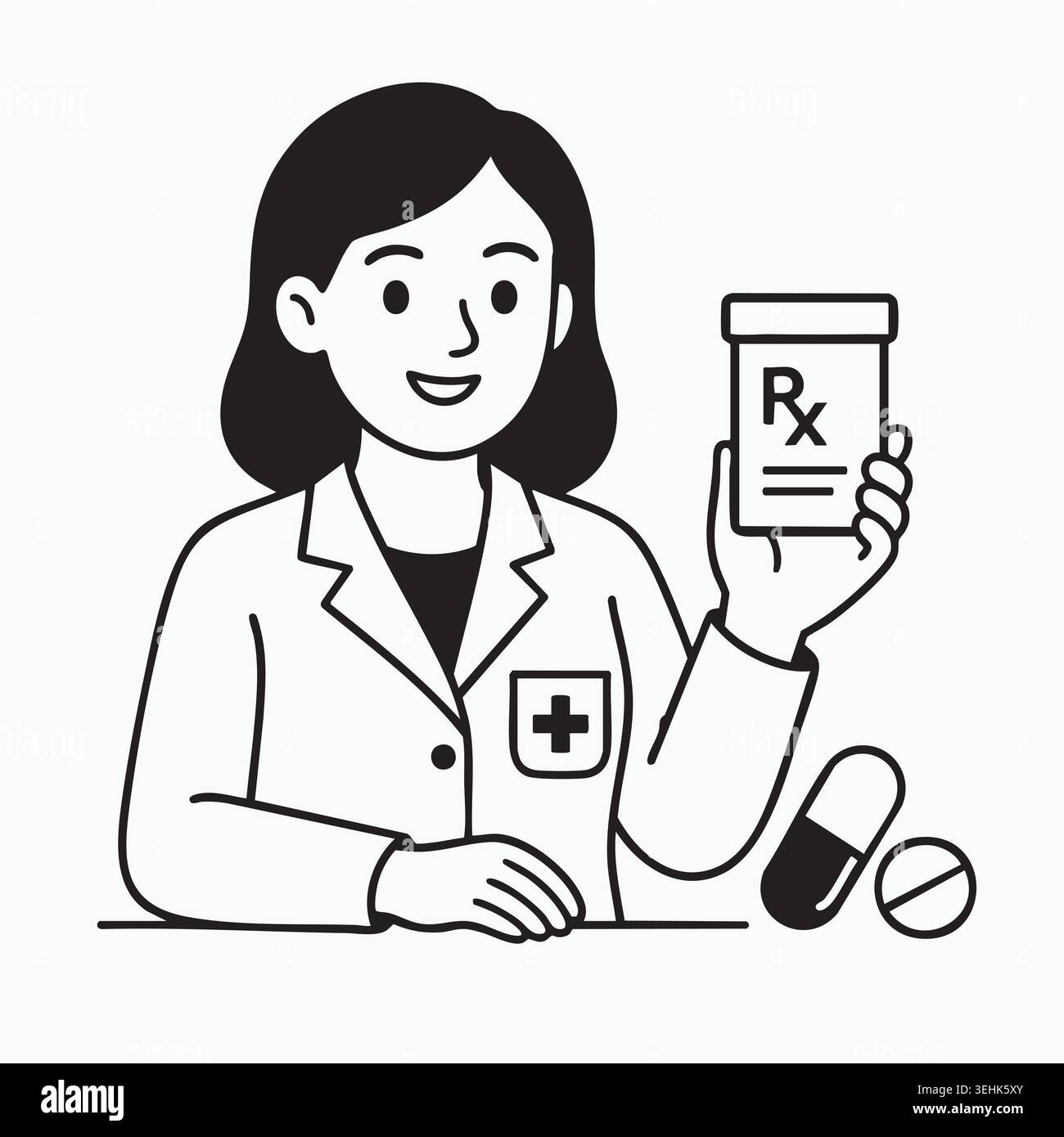 Schwarz-weiße Zeichnung Illustration einer professionellen Ärztin mit weißem Mantel und Stethoskop, die ihm eine medikamentöse Behandlungsberatung gibt Stock Vektor