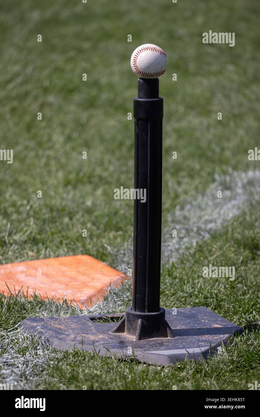 Baseball liegt auf einem schwarzen T-Shirt auf Gras. Orange Base liegt in der Nähe. Das T-Stück steht fest auf einer flachen Gummiplattform. Grünes Gras umgibt die Einrichtung, mit einem wh Stockfoto