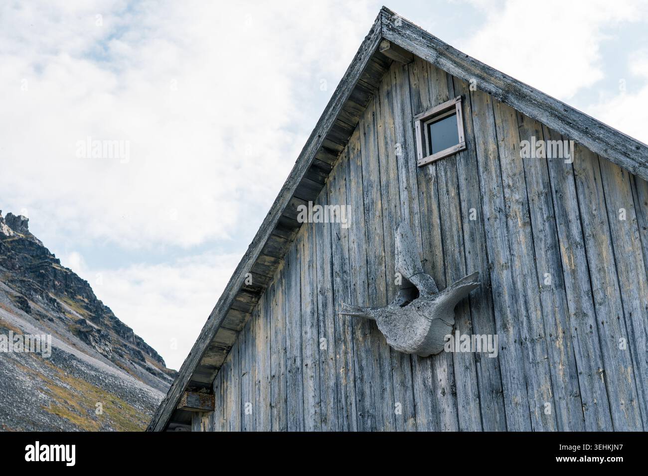 Blick auf eine rustikale Holzhütte in Varsolbukta mit einem Walknochen an der Wand vor dem Hintergrund der felsigen Berge Svalbard, Svalbard und Jan Ma Stockfoto