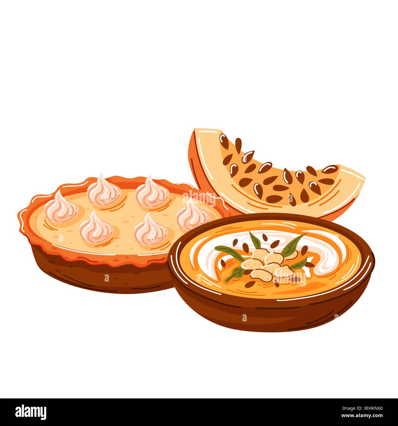 Köstliches Kürbisessen mit Kuchen, Cremesuppe und Scheibe auf weißem Hintergrund im Cartoon-Stil. Herbstliches süßes Dessert und gesundes Gericht. Vektor Stock Vektor