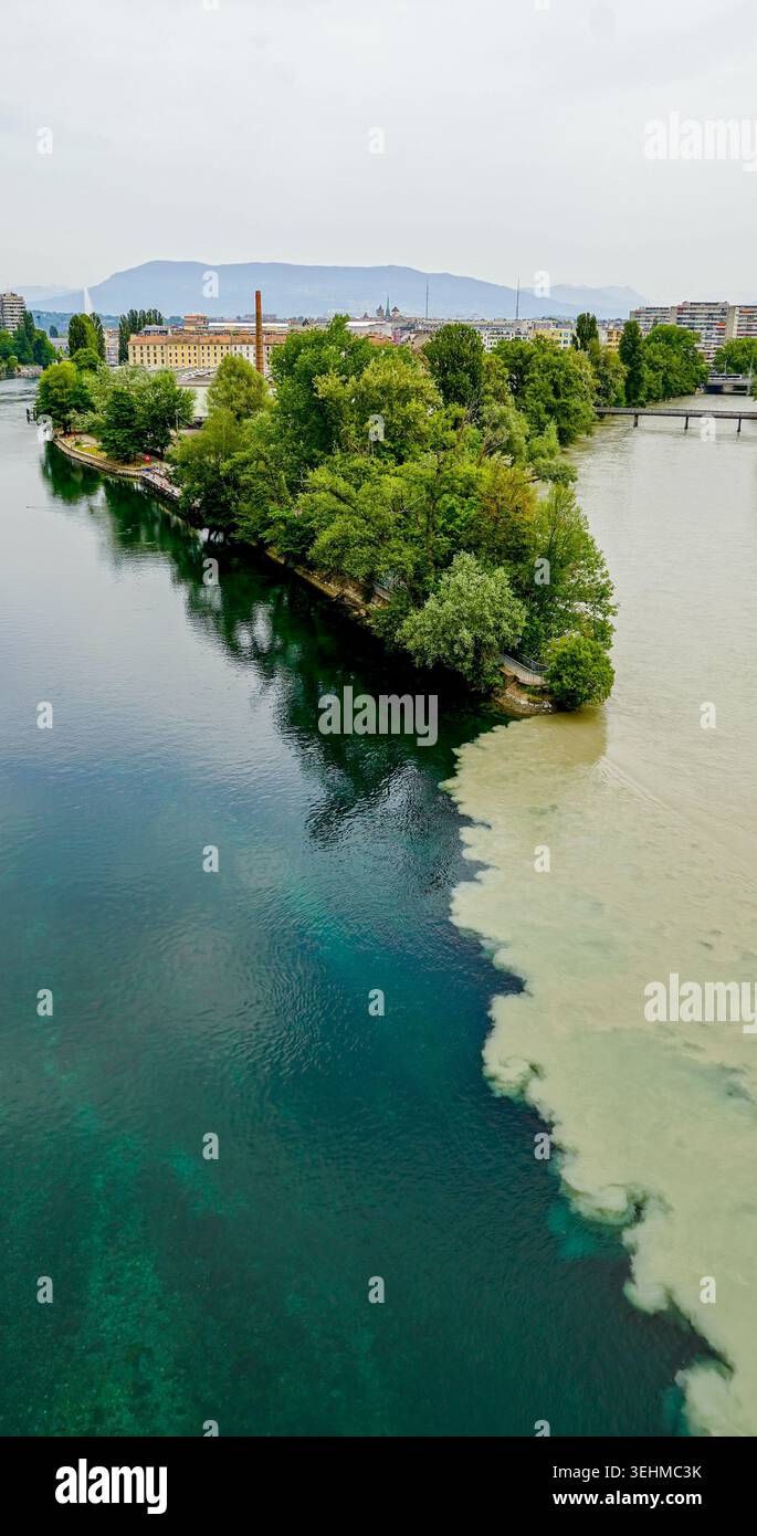 Rhone und Arve treffen sich in Genf Jonction Stockfoto